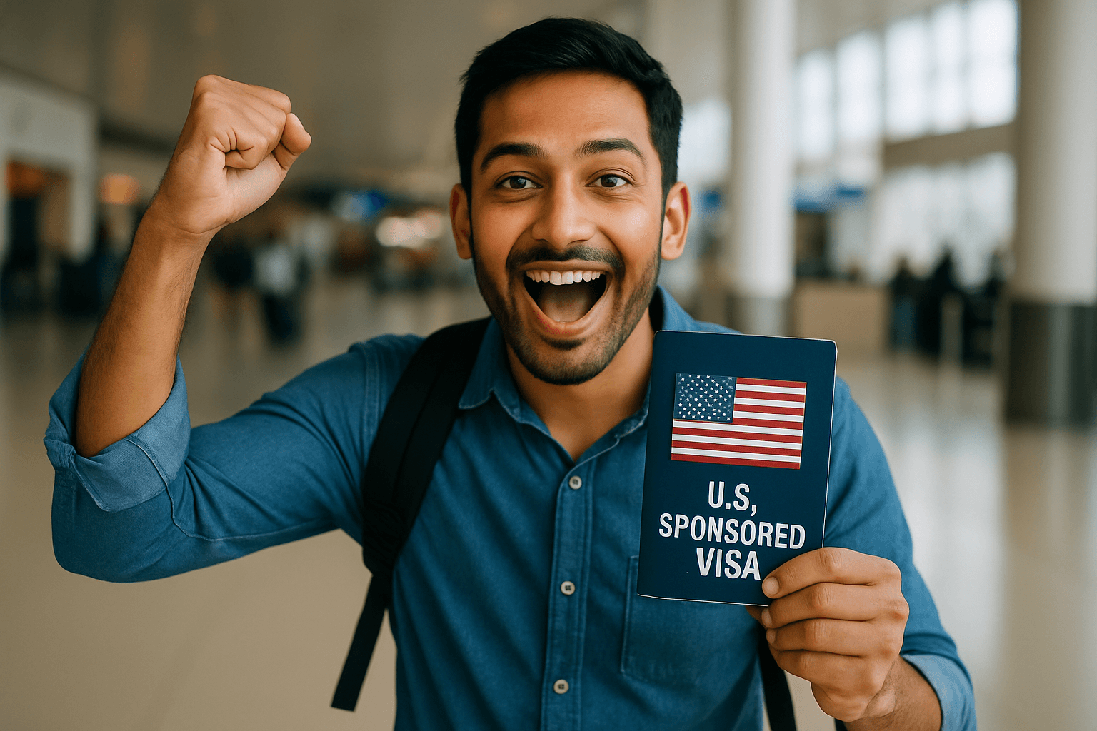 International tech professional celebrating visa approval - diverse software engineer with laptop representing successful H1B O1 L1 visa sponsored job search in United States